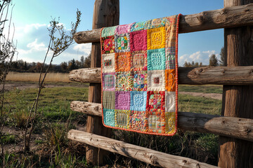 P Vibrant photo of a patchwork quilt hanging