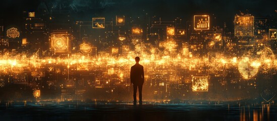 Man facing glowing data stream, futuristic landscape, digital business concept