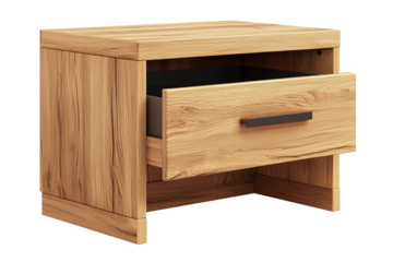 a oak bedside table with an open drawer isolated on a transparent background