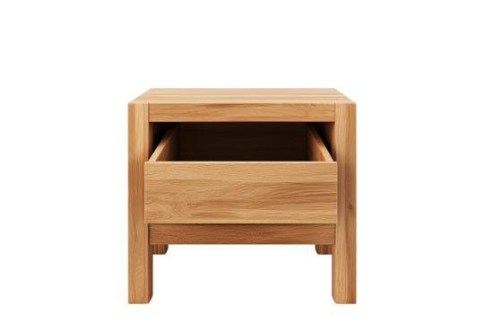 a oak bedside table with an open drawer isolated on a transparent background