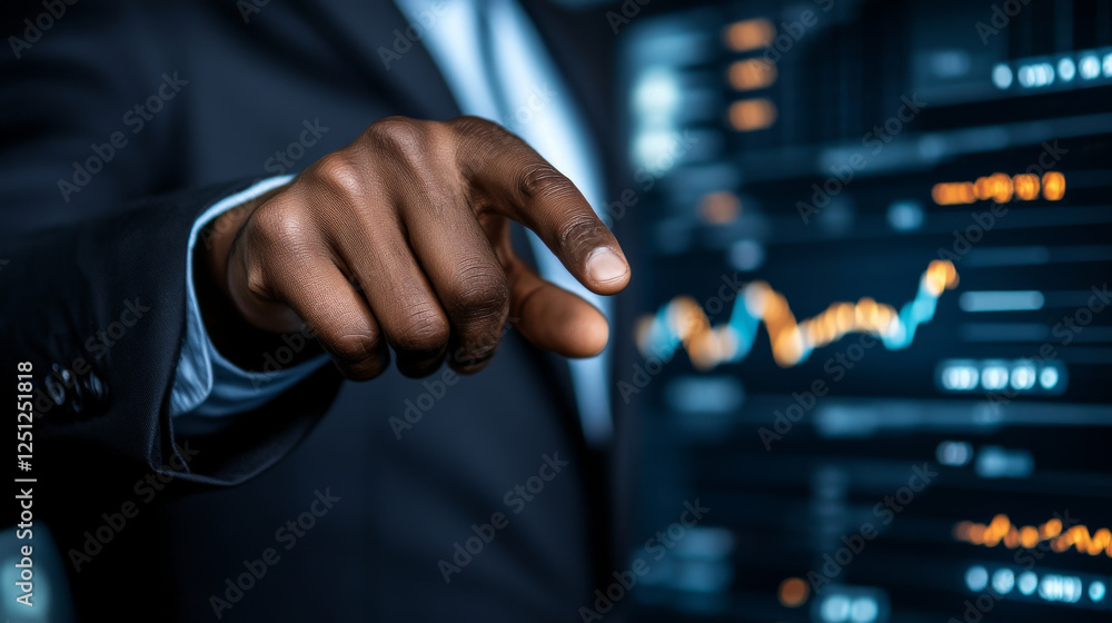 Aufkleber business professional pointing at digital screen displaying data trends and graphs, showcasing analy