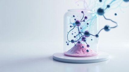 3D rendering of a futuristic lab setting featuring an intricate glass container with a network of tiny cells and semaglutide particles.