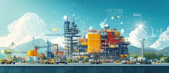 Fototapeta premium Smart Port Logistics Container Terminal, Data Overlay, Mountain Background