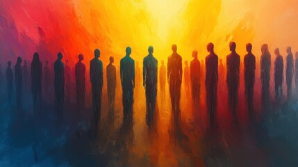 Diverse Colorful Figures in Unity at Sunset