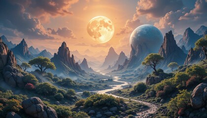 green grass and earth, the new computer technology grass,planet in space,sunset in the mountains