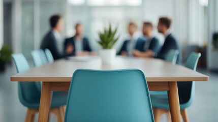 Obraz premium A modern conference room setting featuring a wooden table, teal chairs, and a potted plant, with blurred individuals engaged in discussion.