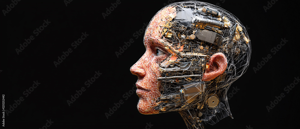 Poster a humanoid figure is depicted with a face composed of intricate circuitry and components, blending t