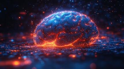 Obraz premium Glowing brain, particle effect, dark background, neural network concept