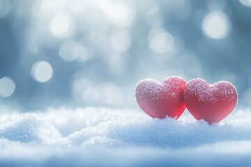 Obraz premium Two red hearts on snow, a Valentine's Day background banner with copy space for text, bokeh, a light blue and white color theme, stock photo.