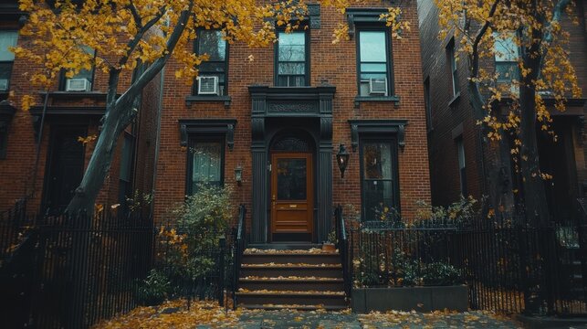 Autumnal brownstone stoop, city street, fall leaves, residential, NYC