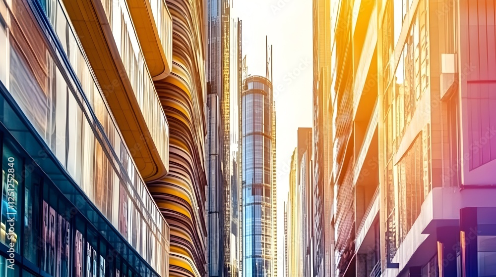 Wall mural A city skyline with tall buildings and a yellow sun in the background