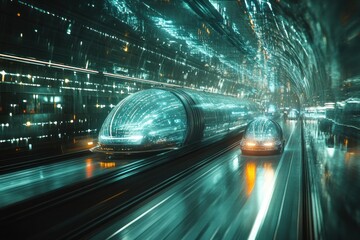 Fototapeta premium Futuristic transport pods speeding through illuminated tunnel
