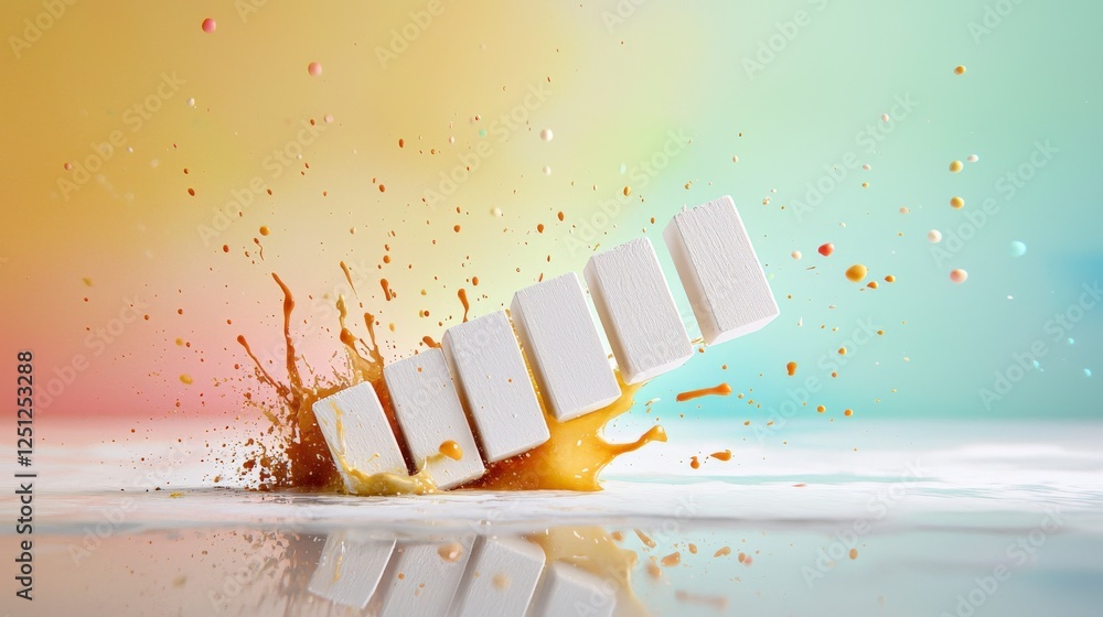 Poster sugar cubes splash: abstract image of sugar cubes splashing into a liquid, creating a vibrant and dy