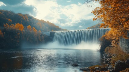 Fototapeta premium Autumn waterfall dam scenic river landscape, tranquil nature background, ideal for travel or environmental posters