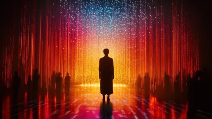 Metaverse, woman, future, digital, crowd, pathway, technology, event, glowing, presentation