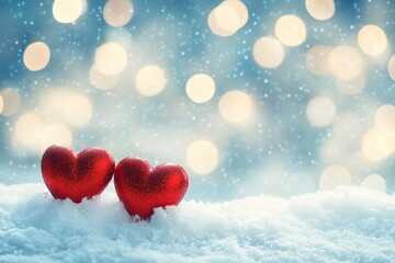 Fototapeta premium Two red hearts on snow, a Valentine's Day background banner with copy space for text, bokeh, a light blue and white color theme, stock photo.