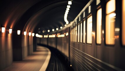 A train is travelling through a tunnel which is illuminated by ambient light.