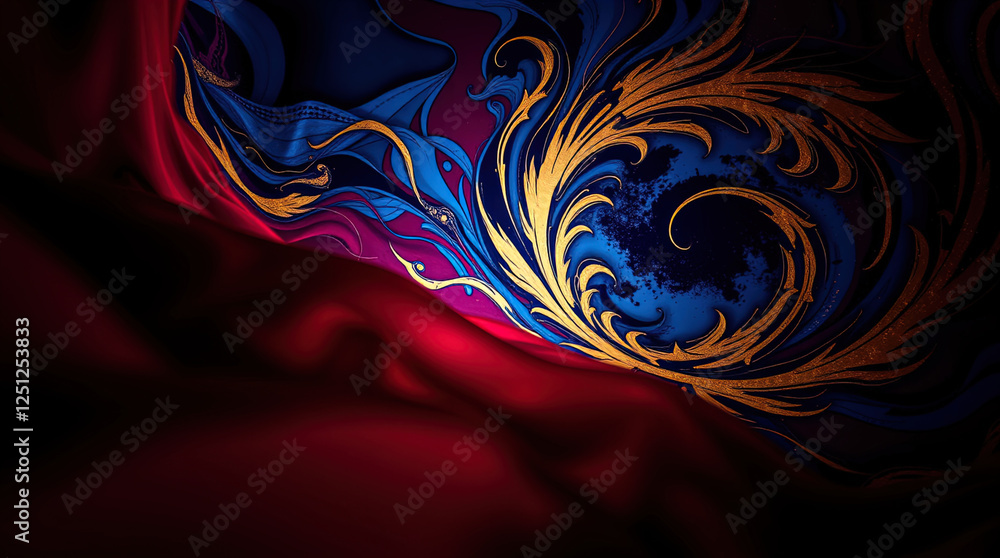 Poster abstract design with swirls, space or marble pattern with shimmering golden lines, marble background