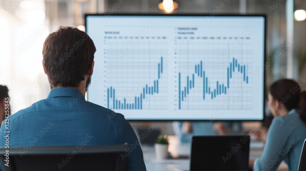 Aufkleber a person observes graphs and data visualizations on a large screen in a modern office setting, indic