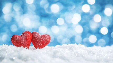 Fototapeta premium Two red hearts on snow, blue blurred background with bokeh lights, copy space for text, stock photo contest winner, banner, stock photo, website design template, background, banner, stock photography,