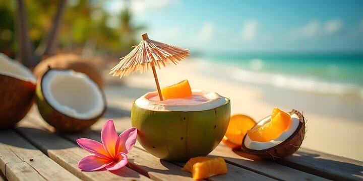 Tropical Coconut Cocktail on Beach