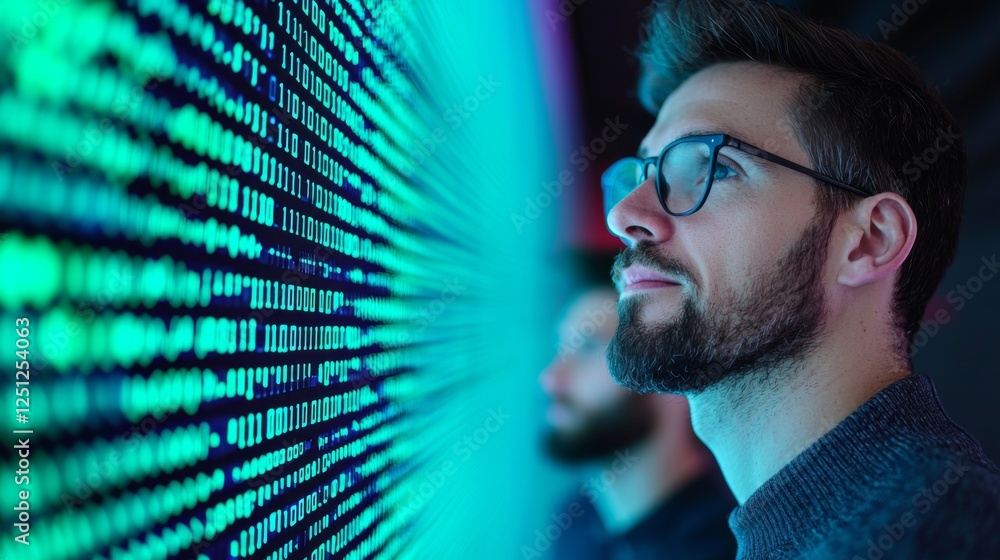 Poster a focused individual observes data streams displayed on a vibrant screen, highlighting the intersect