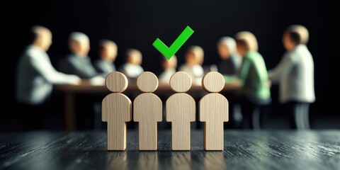 Government support. Wooden figurines representing teamwork and decision-making, with a checkmark symbolizing approval.