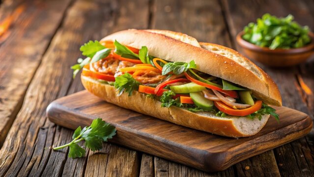 Banh Mi sandwich on a wooden table, southeast asia, bread,  southeast asia, bread, asian food, herbs