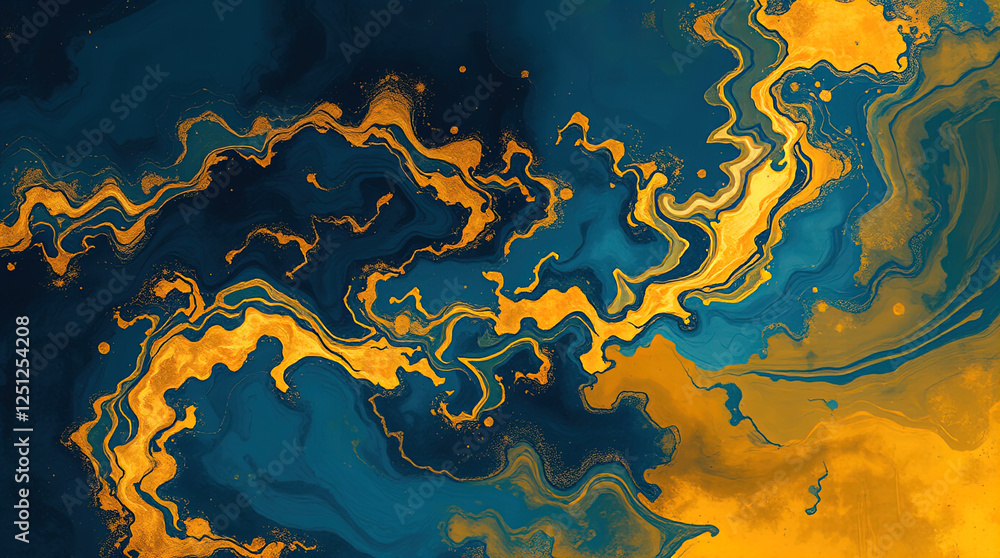 Poster abstract design with swirls, space or marble pattern with shimmering golden lines, marble background