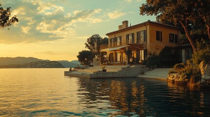 Fototapeta premium Sunset Mediterranean villa waterfront luxury