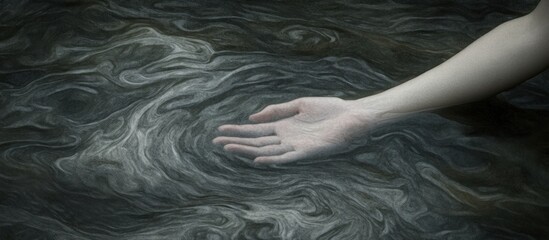 Hand rests on swirling dark water, ethereal background, concept art