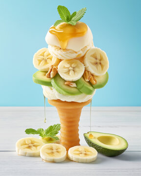 Close-Up of a Vibrant Dessert Featuring Creamy Ice Cream Delight Generative AI