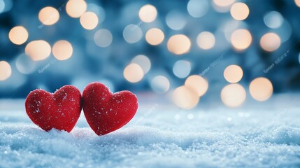 Fototapeta premium Two red hearts on snow, blue blurred background with bokeh lights, copy space for text, stock photo contest winner, banner, stock photo, website design template, background, banner, stock photography,