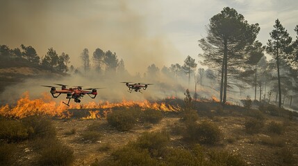 Fototapeta premium Drones firefighting wildfire forest aerial surveillance