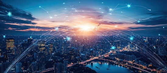 Fototapeta premium Global network sunset city aerial