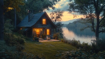 Secluded stone cabin sunset riverbank forest retreat