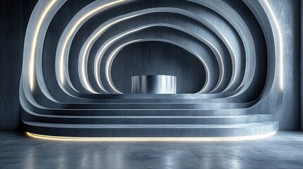 Obraz premium Futuristic lobby display, circular architecture, product launch