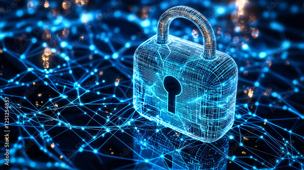 Poster a digital padlock symbolizes cybersecurity and data protection amid a network of interconnected line