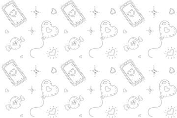 Hand drawn seamless pattern with love elements in linear style on white background .  Valentines doodle elements: baloon, candy, telephone, hearts in sketch style. Vector illustration. 