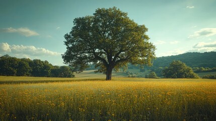 Obraz premium Lone oak tree in a sunlit field, rolling hills background, nature serenity, peaceful landscape
