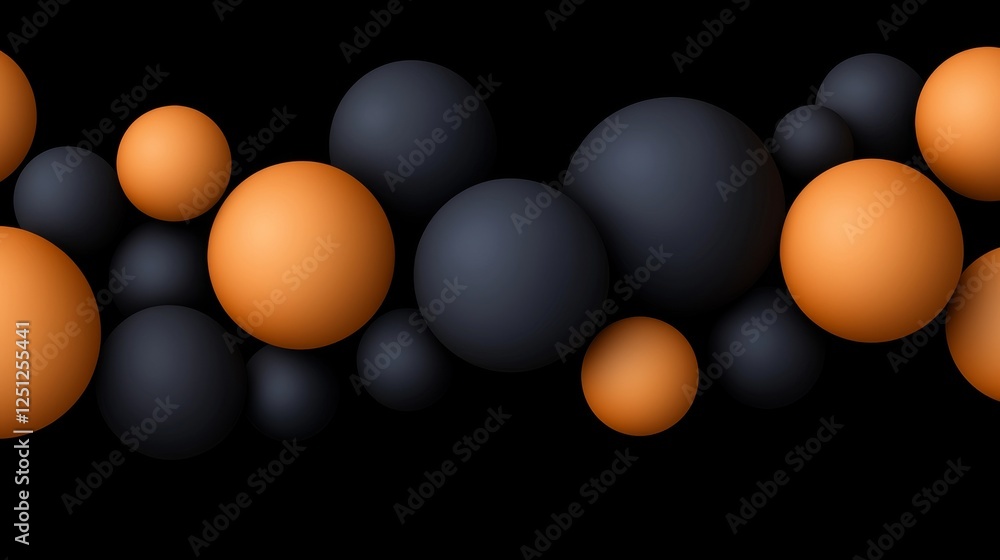 Poster a vibrant arrangement of orange and black spheres against a dark background, creating a dynamic and 