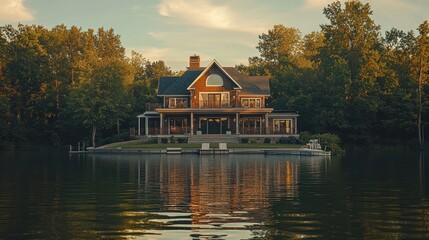 Obraz premium Lakeside mansion sunset reflection, tranquil waterfront, real estate