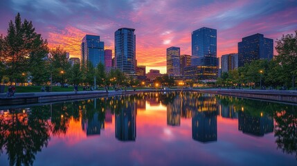 Fototapeta premium Cityscape sunset reflection, park, urban, evening, vibrant, skyline, water, tranquility, tourism, brochure