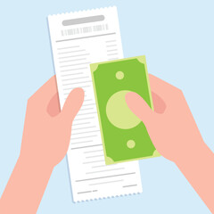 Hand holding invoice paper with another hand holding dollar banknotes.