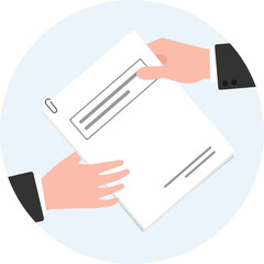 Two hands exchanging document paper icon, Businessman hands holding and send paper sheet to another people.