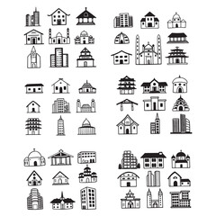Buildings Line Editable Stroke Icons Set vector illustration. Real Estate, House, Home, Apartment, Hospital, Hotel, Cityscape, Downtown, Museum, Mosque, Church, Pagoda. Architecture Buildings Icons.
