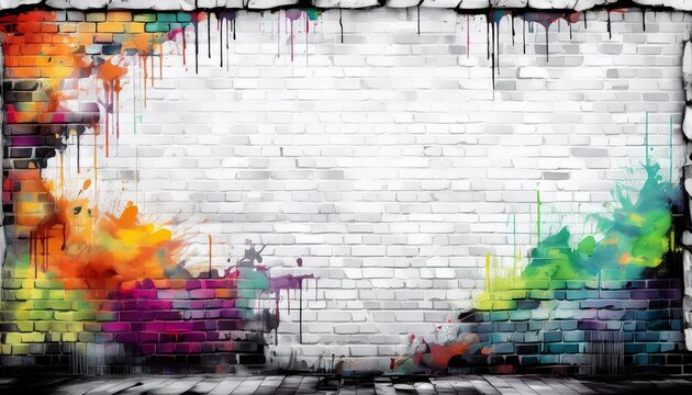border frame of colorful grunge graffiti on white brick wall with copy space for text