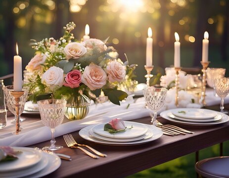 mise en place d'une table de mariage, assiette, verres et couvert pour repas de f&ecirc;te et de famille, en ia	
