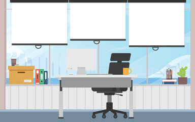 Open space office workplace interior, Working desk in city with sky scrapper and river view.