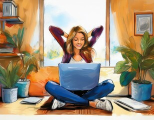 dessin, peinture d'une jeune femme se d&eacute;tendant devant son ordinateur portable sur son canap&eacute; en ia